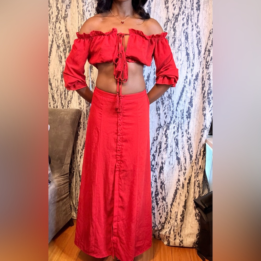 Simple Red Ruffled Smocked Two Piece Set